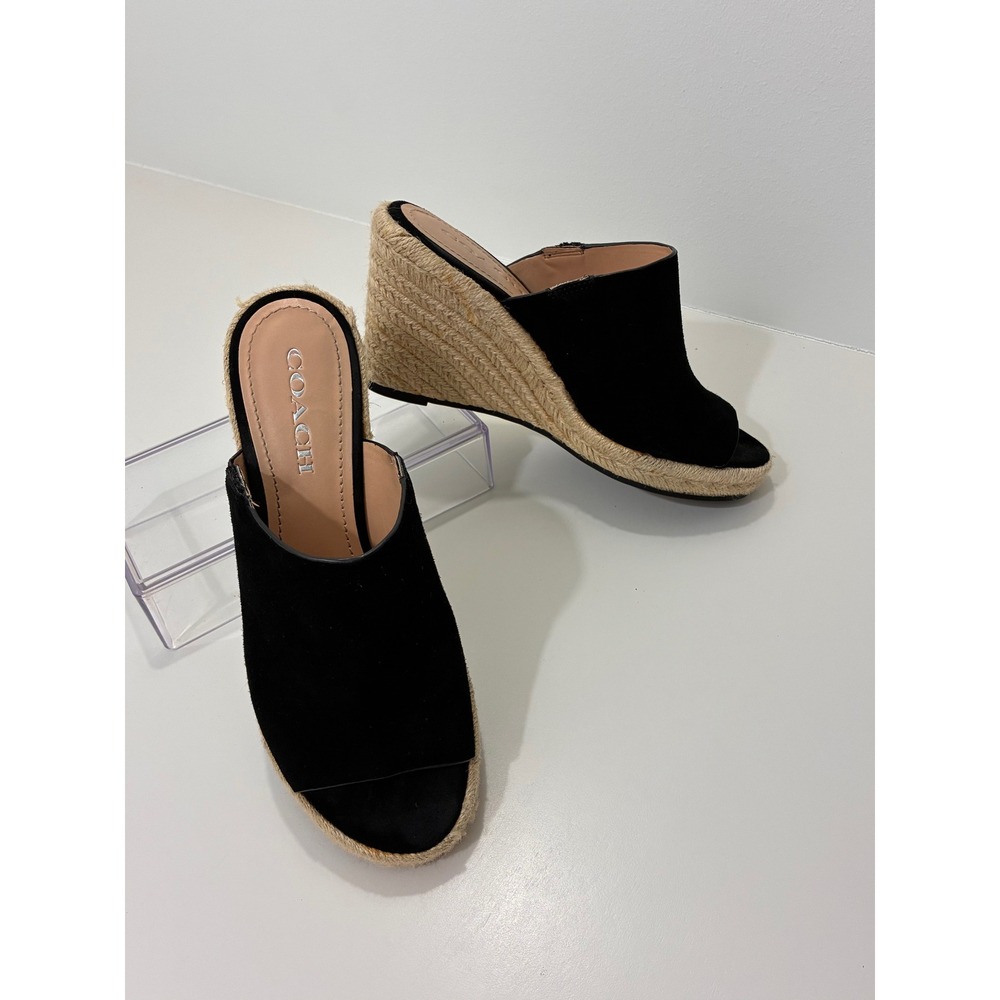 Coach Black Suede Espadrille Wedge Sandals Jute Platform Slide Mules Womens 8